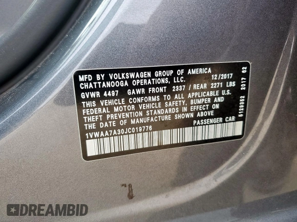 2018 Volkswagen Passat S z VIN 1VWAA7A30JC019776, wystawiony jako Copart lot #55830785 z przebiegiem 75 308 mil mil oraz Szkoda całkowita • Salvage title. Historia ofert i sprzedaży dostępna na DreamBid. Obrazek 12.