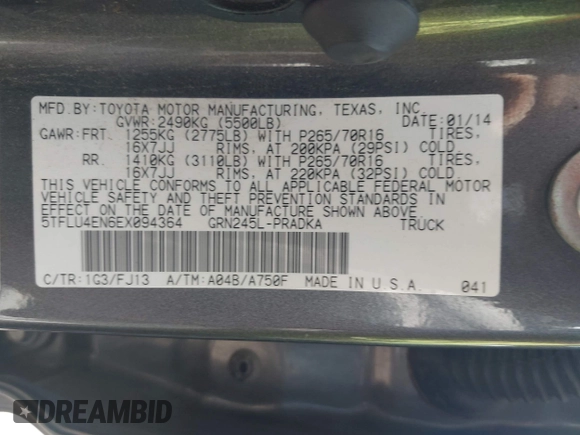 2014 Toyota Tacoma with VIN 5TFLU4EN6EX094364, listed as a IAAI auction lot 42044949 with Not Provided miles and . Bid and sale history available at DreamBid. Image 9.