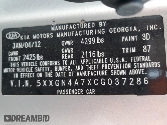 2012 Kia Optima EX with VIN 5XXGN4A7XCG037286, listed as a Copart auction lot 52386335 with 114,750 mi miles and Salvage Title. Bid and sale history available at carsss.com. Image 12.