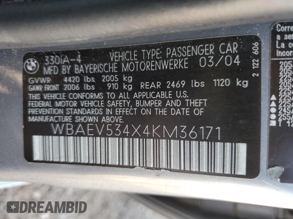 2004 BMW 3 Series 330i with VIN WBAEV534X4KM36171, listed as a Copart auction lot 70062864 with 0 mi miles and Non Repairable. Bid and sale history available at carsss.com. Image 13.