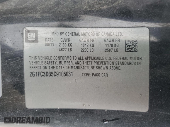 2012 Chevrolet Camaro 2LT with VIN 2G1FC3D35C9105031, listed as a Copart auction lot 43191605 with 248,563 mi miles and Salvage title. Bid and sale history available at DreamBid. Image 12.