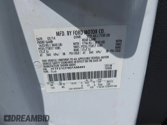 2014 Ford F-150 XL with VIN 1FTFX1CF9EFA98493, listed as a IAAI auction lot 42313850 with 192,334 mi miles and . Bid and sale history available at DreamBid. Image 9.