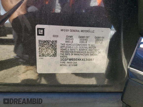 2019 Chevrolet Bolt EV LT with VIN 1G1FW6S0XK4134897, listed as a Copart auction lot 58080015 with 69,506 mi miles and Salvage title. Bid and sale history available at DreamBid. Image 12.