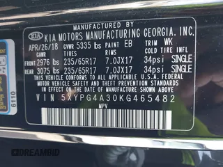 2019 Kia Sorento L with VIN 5XYPG4A30KG465482, listed as a IAAI auction lot 41811451 with 75,439 mi miles. Bid and sale history available at carsss.com. Image 9.