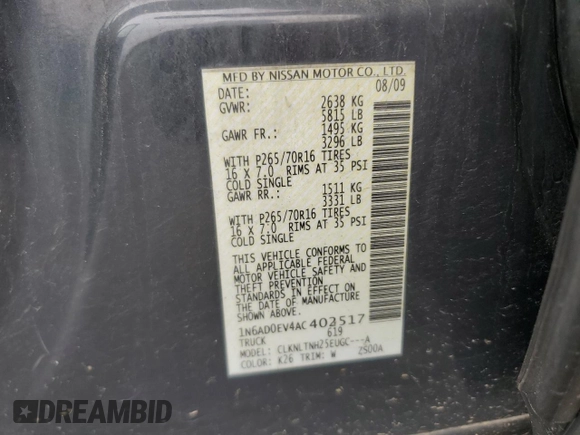 2010 Nissan Frontier SE with VIN 1N6AD0EV4AC402517, listed as a Copart auction lot 62109945 with 407,361 mi miles and Salvage title. Bid and sale history available at DreamBid. Image 12.