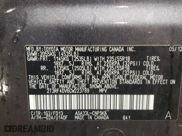 2012 Toyota RAV4 Sport with VIN 2T3RF4DV6CW223789, listed as a Copart auction lot 52551775 with 138,527 mi miles and Salvage Title. Bid and sale history available at carsss.com. Image 13.