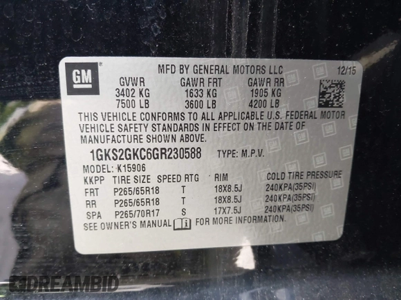 2016 GMC Yukon XL SLT with VIN 1GKS2GKC6GR230588, listed as a IAAI auction lot 41965552 with Not Provided miles and . Bid and sale history available at DreamBid. Image 9.