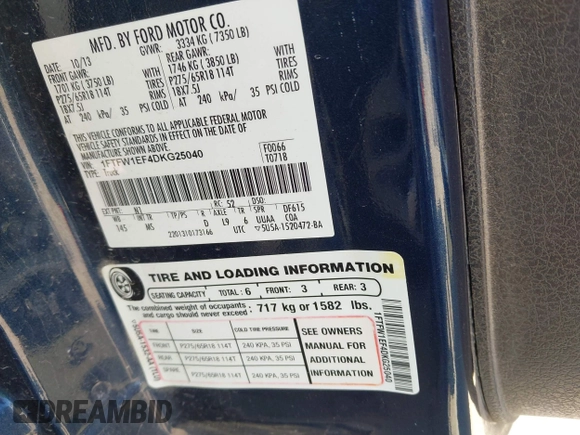 2013 Ford F-150 XL с VIN 1FTFW1EF4DKG25040, выставлен на аукционе IAAI как лот 41974809 с пробегом 202 407 миль миль и . История ставок и продаж доступна на DreamBid. Изображение 9.