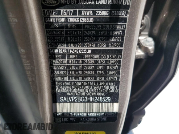 2017 Land Rover Range Rover Evoque SE with VIN SALVP2BG3HH248529, listed as a Copart auction lot 62285105 with 91,823 mi miles and Salvage title. Bid and sale history available at DreamBid. Image 14.