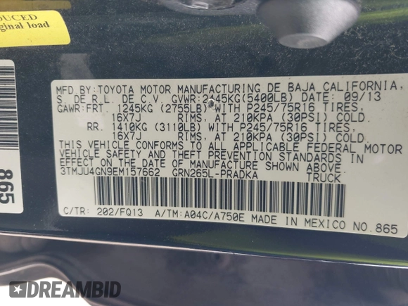 2014 Toyota Tacoma PreRunner with VIN 3TMJU4GN9EM157662, listed as a IAAI auction lot 41952359 with 109,002 mi miles and . Bid and sale history available at DreamBid. Image 9.