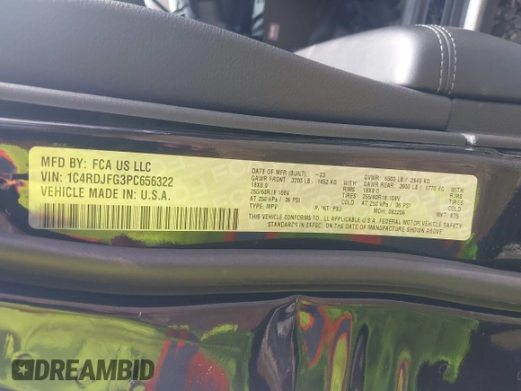 2023 Dodge Durango Pursuit with VIN 1C4RDJFG3PC656322, listed as a IAAI auction lot 42042621 with 10,921 mi miles and . Bid and sale history available at DreamBid. Image 9.