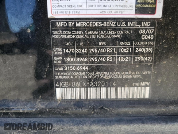 2008 Mercedes-Benz GL-Class 5.5L with VIN 4JGBF86EX8A320114, listed as a Copart auction lot 70083964 with 188,133 mi miles and Clean Title. Bid and sale history available at carsss.com. Image 13.