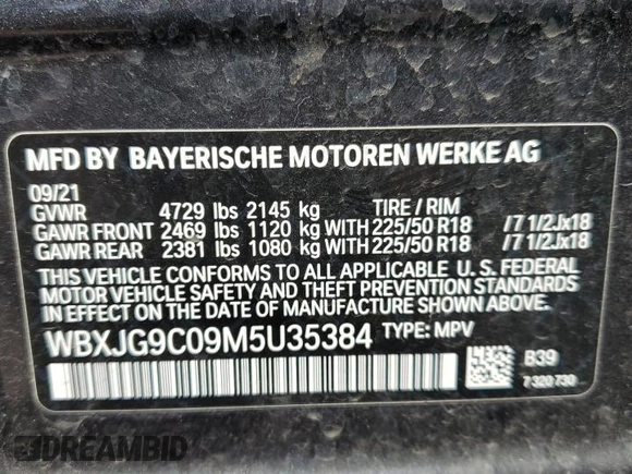 2021 BMW X1 xDrive28i with VIN WBXJG9C09M5U35384, listed as a Copart auction lot 53381575 with 46,736 mi miles and Salvage Title. Bid and sale history available at carsss.com. Image 15.