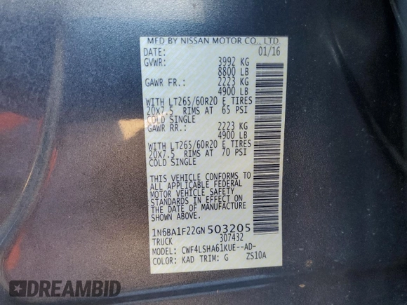 2016 Nissan Titan SL z VIN 1N6BA1F22GN503205, wystawiony jako Copart lot #47024925 z przebiegiem 90 936 mil mil oraz Czysty tytuł • Clean title. Historia ofert i sprzedaży dostępna na DreamBid. Obrazek 12.