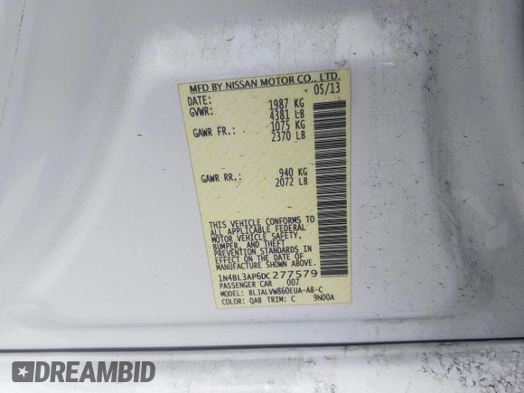 2013 Nissan Altima SL z VIN 1N4BL3AP6DC277579, wystawiony jako IAAI lot #42150029 z przebiegiem 257 273 mil mil oraz . Historia ofert i sprzedaży dostępna na DreamBid. Obrazek 9.