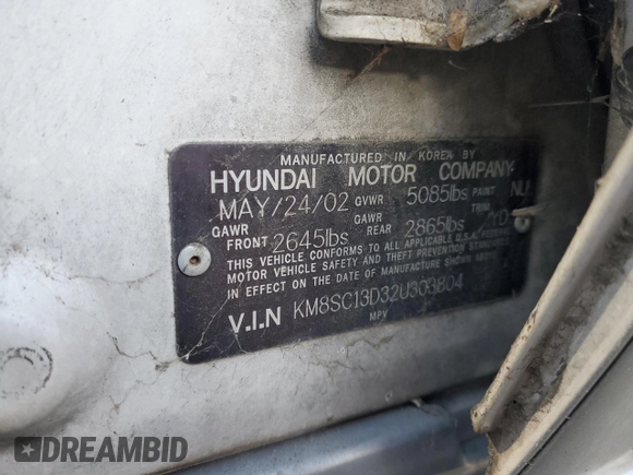 2002 Hyundai Santa Fe GLS with VIN KM8SC13D32U303804, listed as a Copart auction lot 51213805 with 201,919 mi miles and Salvage Title. Bid and sale history available at carsss.com. Image 13.