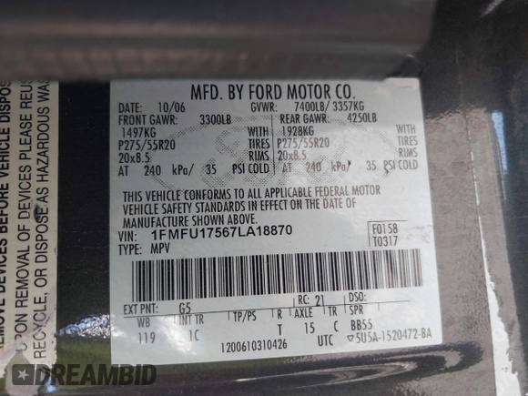 2007 Ford Expedition Eddie Bauer with VIN 1FMFU17567LA18870, listed as a IAAI auction lot 42541572 with Not provided miles and . Bid and sale history available at DreamBid. Image 9.