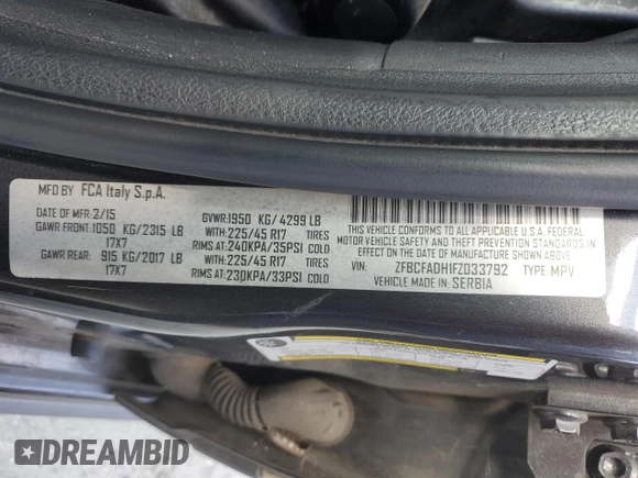 2015 FIAT 500L Urbana Trekking with VIN ZFBCFADH1FZ033792, listed as a Copart auction lot 78864304 with 98,097 mi miles and Salvage Title. Bid and sale history available at carsss.com. Image 13.