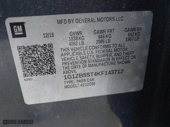 2019 Chevrolet Malibu LS with VIN 1G1ZB5ST4KF143712, listed as a IAAI auction lot 41688351 with 77,397 mi miles. Bid and sale history available at carsss.com. Image 9.