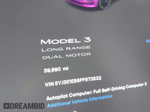 2023 Tesla Model 3 Long Range with VIN 5YJ3E1EB6PF673532, listed as a IAAI auction lot 41885716 with 39,690 mi miles and . Bid and sale history available at DreamBid. Image 7.