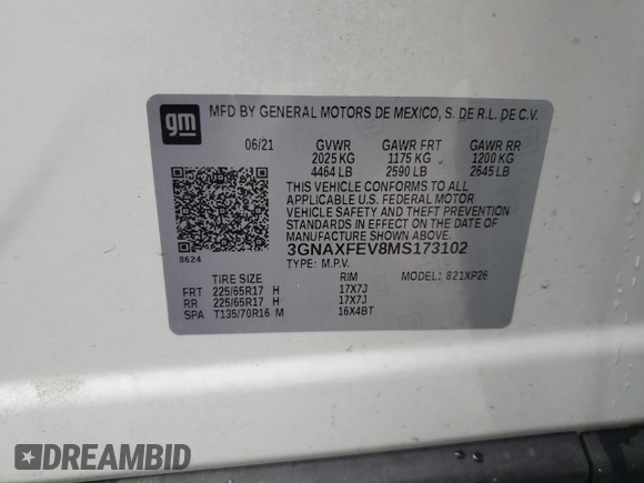 2021 Chevrolet Equinox LS with VIN 3GNAXFEV8MS173102, listed as a Copart auction lot 55698654 with 47,046 mi miles and Salvage title. Bid and sale history available at DreamBid. Image 13.