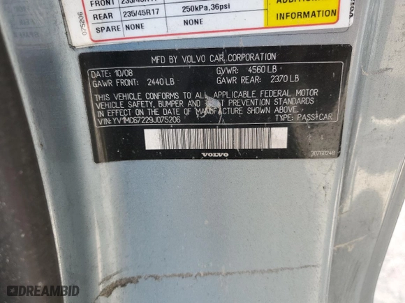 2009 Volvo C70 with VIN YV1MC67229J075206, listed as a Copart auction lot 74823344 with 0 mi miles and Salvage Title. Bid and sale history available at carsss.com. Image 12.