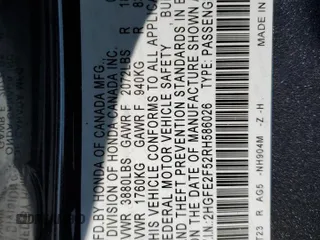 2024 Honda Civic Sport z VIN 2HGFE2F52RH586026, wystawiony jako Copart lot #54269965 z przebiegiem 7 325 mil mil oraz Szkoda całkowita • Salvage title. Historia ofert i sprzedaży dostępna na DreamBid. Obrazek 12.