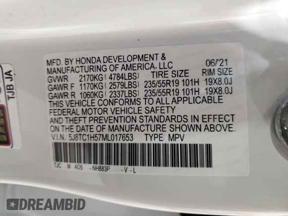 2021 Acura RDX Technology with VIN 5J8TC1H57ML017653, listed as a Copart auction lot 88155785 with 29,536 mi miles and Salvage title. Bid and sale history available at DreamBid. Image 13.