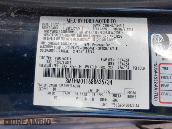 2008 Mercury Milan with VIN 3MEHM01168R635734, listed as a IAAI auction lot 42556769 with 81,785 mi miles and . Bid and sale history available at DreamBid. Image 9.