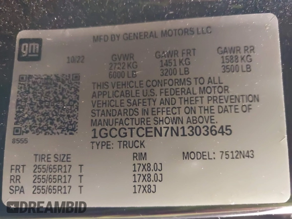 2022 Chevrolet Colorado 4WD LT with VIN 1GCGTCEN7N1303645, listed as a IAAI auction lot 41710632 with 29,105 mi miles and . Bid and sale history available at DreamBid. Image 9.