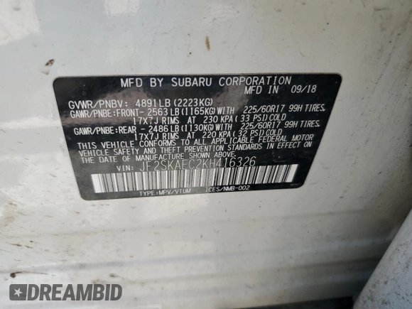 2019 Subaru Forester Premium with VIN JF2SKAEC2KH416326, listed as a Copart auction lot 61375845 with 89,374 mi miles and Salvage title. Bid and sale history available at DreamBid. Image 14.