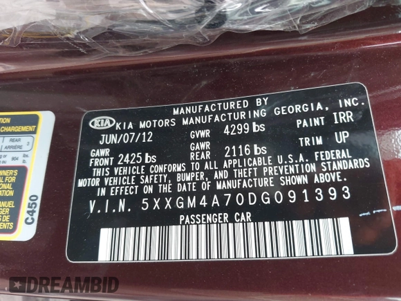 2013 Kia Optima LX with VIN 5XXGM4A70DG091393, listed as a IAAI auction lot 41823880 with 170,966 mi miles. Bid and sale history available at carsss.com. Image 9.