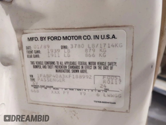 1989 Ford Mustang with VIN 1FABP40A3KF188992, listed as a IAAI auction lot 42076796 with 43,676 mi miles and . Bid and sale history available at DreamBid. Image 9.