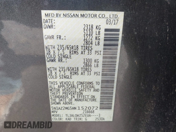 2017 Nissan Murano S with VIN 5N1AZ2MG5HN152072, listed as a IAAI auction lot 41634106 with 94,468 mi miles and . Bid and sale history available at carsss.com. Image 9.