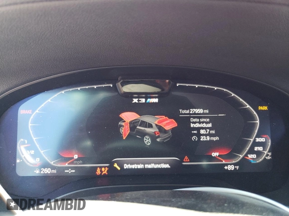 2023 BMW X3 M z VIN 5YM13EC0XP9R08389, wystawiony jako Copart lot #60077684 z przebiegiem 27 959 mil mil oraz Szkoda całkowita • Salvage title. Historia ofert i sprzedaży dostępna na DreamBid. Obrazek 9.