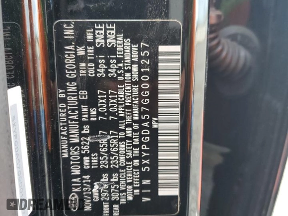 2016 Kia Sorento LX with VIN 5XYPGDA57GG001257, listed as a Copart auction lot 50191105 with 116,632 mi miles and Salvage Title. Bid and sale history available at DreamBid. Image 13.