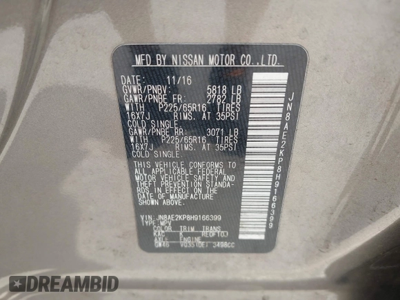 2017 Nissan Quest SV z VIN JN8AE2KP8H9166399, wystawiony jako IAAI lot #42311238 z przebiegiem 168 475 mil mil oraz . Historia ofert i sprzedaży dostępna na DreamBid. Obrazek 9.