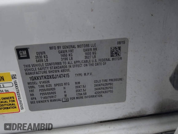 2016 GMC Acadia Denali with VIN 1GKKVTKDXGJ147415, listed as a IAAI auction lot 41460000 with 175,240 mi miles. Bid and sale history available at carsss.com. Image 9.
