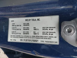 2020 Tesla Model 3 Standard Range Plus with VIN 5YJ3E1EA1LF658521, listed as a IAAI auction lot 41804722 with 83,248 mi miles and . Bid and sale history available at DreamBid. Image 9.