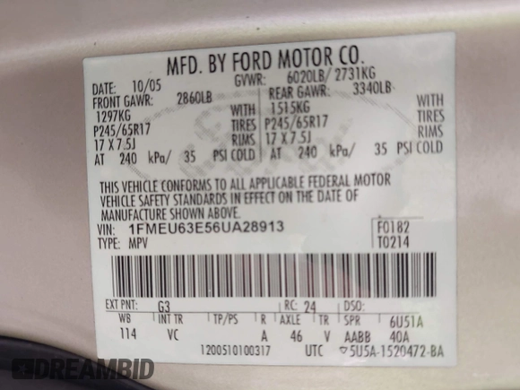 2006 Ford Explorer XLT with VIN 1FMEU63E56UA28913, listed as a IAAI auction lot 42571206 with 156,020 mi miles and . Bid and sale history available at DreamBid. Image 9.