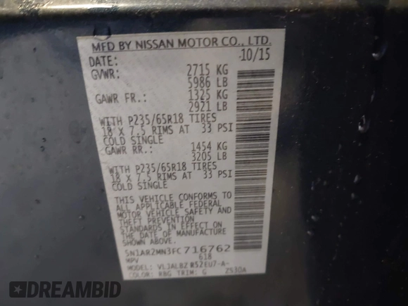 2015 Nissan Pathfinder Platinum с VIN 5N1AR2MN3FC716762, выставлен на аукционе IAAI как лот 42427178 с пробегом 206 057 миль миль и . История ставок и продаж доступна на DreamBid. Изображение 9.