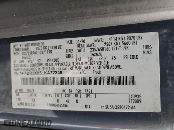 2020 Ford Transit Cargo with VIN 1FTBR3X85LKA72249, listed as a Copart auction lot 56999805 with 68,201 mi miles and Salvage Title. Bid and sale history available at DreamBid. Image 14.