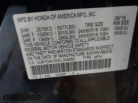 2019 Acura MDX with VIN 5J8YD4H30KL004260, listed as a IAAI auction lot 41359371 with 88,456 mi miles. Bid and sale history available at carsss.com. Image 9.