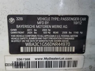 2013 BMW 3 Series 328i with VIN WBA3C1G56DNR44970, listed as a Copart auction lot 62781465 with 96,935 mi miles and Salvage title. Bid and sale history available at DreamBid. Image 12.