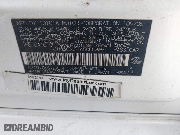 2006 Lexus IS 250 with VIN JTHBK262165000865, listed as a IAAI auction lot 42008461 with 144,230 mi miles and . Bid and sale history available at DreamBid. Image 9.