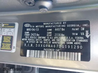 2013 Kia Optima SX w/Limited Pkg with VIN 5XXGR4A67DG191290, listed as a IAAI auction lot 41864684 with 136,525 mi miles. Bid and sale history available at carsss.com. Image 9.