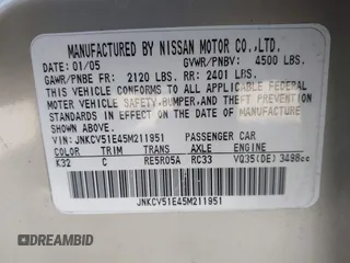 2005 Infiniti G35 Sedan with VIN JNKCV51E45M211951, listed as a IAAI auction lot 42107924 with 122,916 mi miles. Bid and sale history available at carsss.com. Image 9.