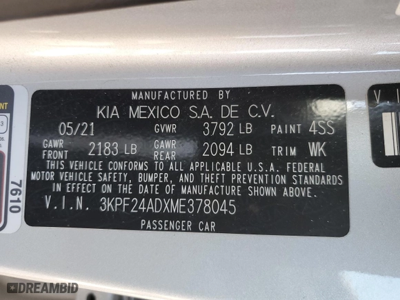 2021 Kia Forte LXS with VIN 3KPF24ADXME378045, listed as a Copart auction lot 46433455 with 58,346 mi miles and Salvage Title. Bid and sale history available at carsss.com. Image 12.