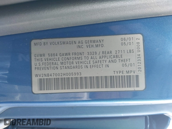 2002 Volkswagen EuroVan MV с VIN WV2NB47002H005993, выставлен на аукционе IAAI как лот 41568379 с пробегом 143 133 миль миль и . История ставок и продаж доступна на DreamBid. Изображение 9.
