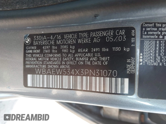 2003 BMW 3 Series 330xi with VIN WBAEW534X3PN31070, listed as a IAAI auction lot 41776406 with 176,383 mi miles. Bid and sale history available at carsss.com. Image 9.
